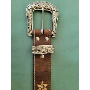 Nocona Western Boho Rhinestone Floral Leather Belt Brown Embroidered Women's M